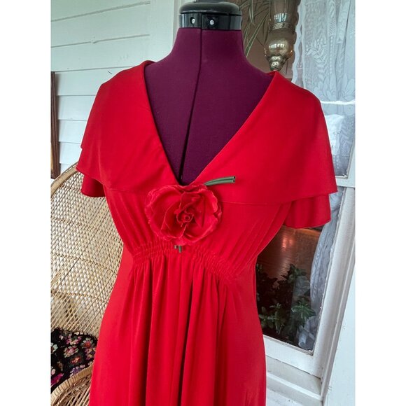 Vintage 1970s Red Maxi Dress Butterfly wing sleeves attached Rose - Picture 14 of 15